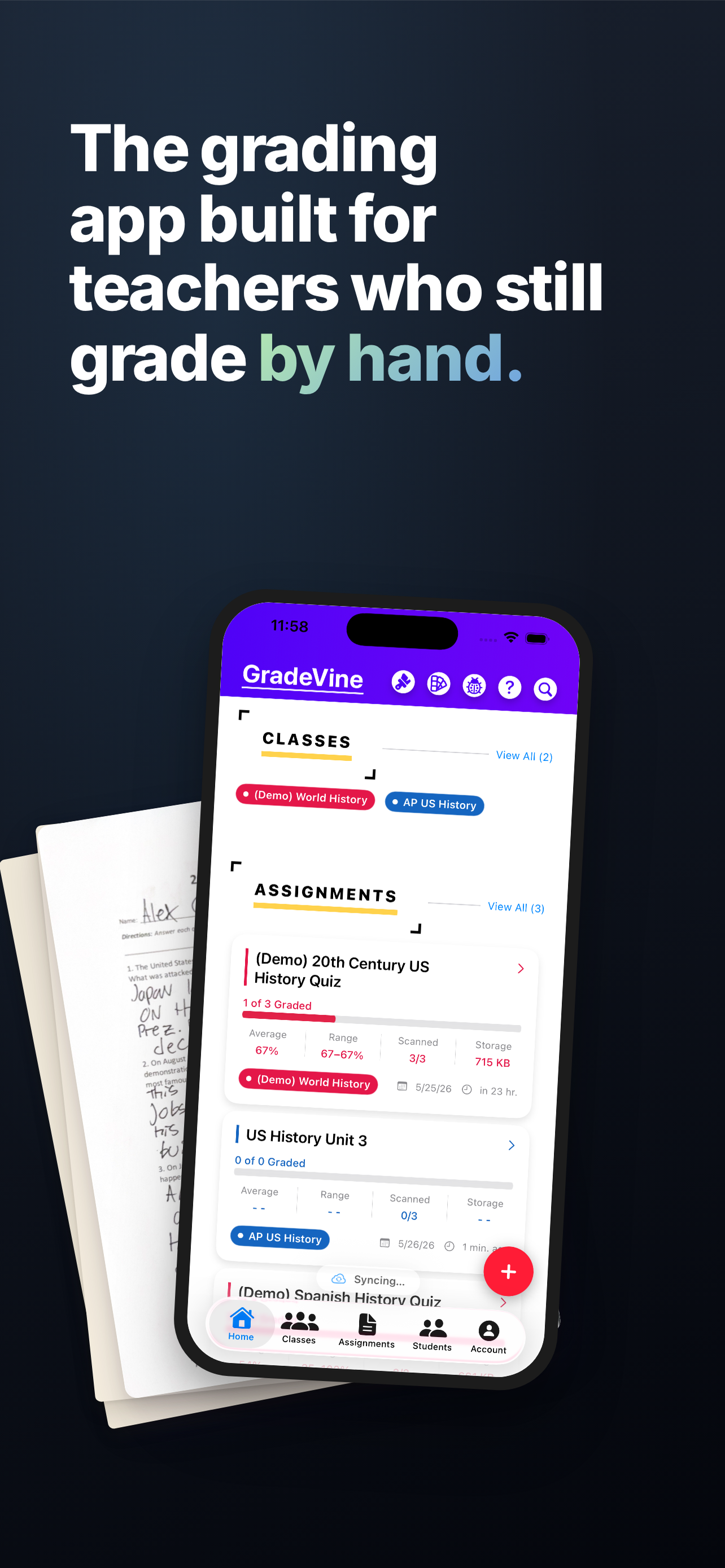 GradeVine classes and assignments view